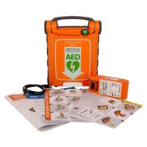 Cardiac Science Powerheart G5 Contents Green Led A bright orange defibrillator with all its contents