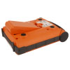 A bright orange defibrillator with the battery being removed