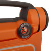 A close-up of the LED on a bright orange defibrillator