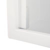 close up of the left hand corner of a white metal cabinet with the door open