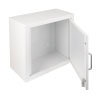 a square white cabinet with a door and silver handle. The door is open and there is nothing inside the cabinet