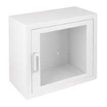 Arky led indoor defibrillator cabinet with alarm shown from an angled view with a clear glass door and white frame