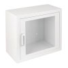 an angled shot of a square white cabinet with a silver hand and large see through front panel the door is closed and nothing is inside