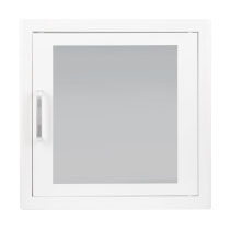a front view of a square white cabinet with a large vision panel in the centre, these are designed to keep a defibrillator in