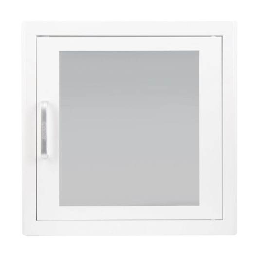 a front view of a square white cabinet with a large vision panel in the centre, these are designed to keep a defibrillator in