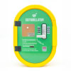A green and yellow defibrillator cabinet