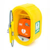 A yellow defibrillator cabinet with an orange defibrillator inside
