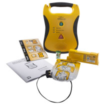 A yellow and black defibrillator with all of its contents