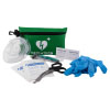 A green AED responder kit with all its contents