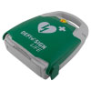 A green defibrillator with a white heart logo