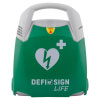 A green defibrillator with a white heart logo