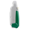 The side of a white and green defibrillator