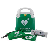 Defisign Life Fully Automatic Defibrillator With Contents A green and white defibrillator with all its contents