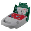 A green defibrillator with the lid open