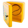 an image of a square shaped plastic yellow cabinet, the door is open at a 45 degree angle showing the inside, at the back of the cabinet the black wires are showing that will connect it to the mains electrical supply