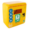 an angled front shot of a yellow plastic defibrillator cabinet with a black handle. There are infographics in blue circles showing the chain of survival for a cardiac arrest victim. In red writing at the top it says life saving defibrillator