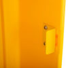 a close up shot of a silver closing latch looking at it from the inside it is attached to a yellow plastic cabinet