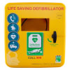 front shot of a yellow plastic defibrillator cabinet with a black handle. There are infographics in blue circles showing the chain of survival for a cardiac arrest victim. In red writing at the top it says life saving defibrillator