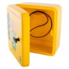 Yellow polycarbonate outdoor defibrillator cabinet heating light shown angled open with visible inner cable