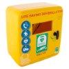 Angled view of a yellow polycarbonate outdoor defibrillator cabinet heating light with labels and handle