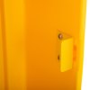 Closeup of the latch on a yellow polycarbonate outdoor defibrillator cabinet heating light