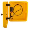 polycarbonate outdoor defibrillator cabinet heating light yellow with front door open showing interior and attached cable