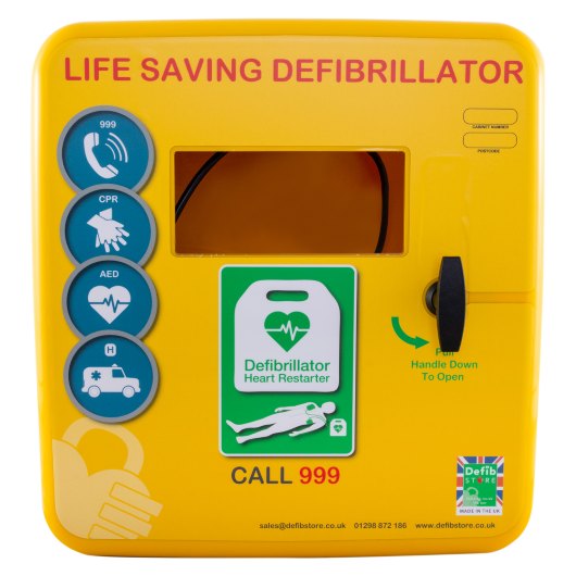 Front view of a yellow polycarbonate outdoor defibrillator cabinet heating light with labelled instructions and symbols