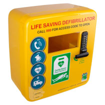 Dspclhled Polycarbonate Outdoor Defibrillator Cabinet Lock Heating Light Yellow Angled an angled front view of a yellow plastic square shaped cabinet there is a black numbered code lock with a handle. There are 4 blue infographics showing the chain of survival for a sca victim