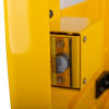 close up of a silver metal closing latch attached to the inside of a yellow door