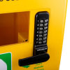 close up of a black numbered keypad with silver coloured buttons and a black handle