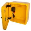 Polycarbonate outdoor defibrillator cabinet lock heating light yellow shown angled open with visible locking mechanism and light inside