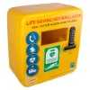 angled view of a yellow polycarbonate outdoor defibrillator cabinet lock heating unit with keypad and handle