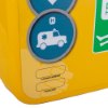 Closeup detail of part of a polycarbonate outdoor defibrillator cabinet lock heating in light yellow showing stickers and icons