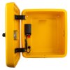 polycarbonate outdoor defibrillator cabinet lock heating light yellow shown open from the front with internal fittings visible