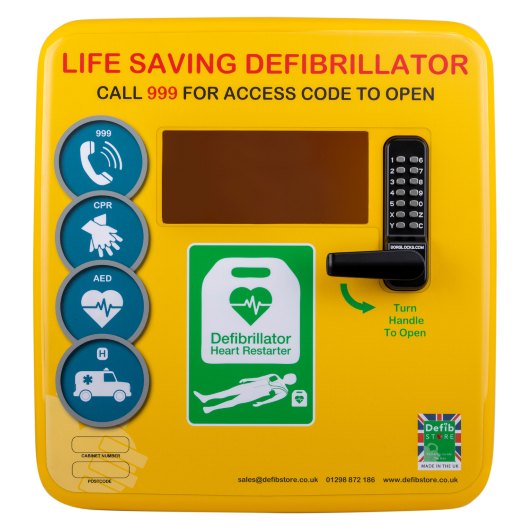 Polycarbonate Outdoor Defibrillator Cabinet Lock Heating Light Yellow Front view of a yellow polycarbonate outdoor defibrillator cabinet lock heating unit with keypad and signage