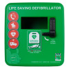 Front view of a green polycarbonate outdoor defibrillator cabinet with instructions and keypad lock visible