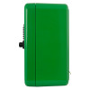 Side view of a green polycarbonate outdoor defibrillator cabinet showing its smooth surface and locking mechanism
