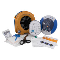 Heartsine 350P Semi Automatic Defibrillator All Contents A blue and white defibrillator with a yellow storage bag, defibrillator pads and a prep kit