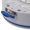A close-up of the defibrillator pad connection port
