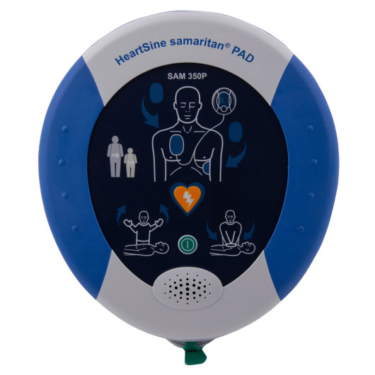 A blue and white defibrillator