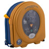 A yellow storage case with a defibrillator inside