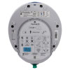 The back of a white defibrillator showing the labels and serial numbers
