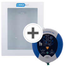 A white defibrillator cabinet with a blue and white defibrillator