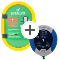 Heartsine 360P Fully Automatic Defib With Cabinet A green and yellow defibrillator cabinet with a white and bluedefibrillator