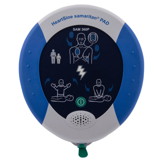 A blue and white defibrillator