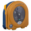 A yellow storage case with a defibrillator inside