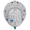 The back of a white defibrillator showing the labels and serial numbers