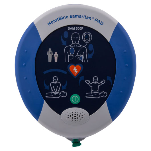 A blue and white defibrillator