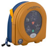 A yellow storage case with a defibrillator inside