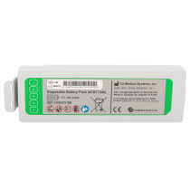 Ipad Nfk200 Defibrillator Battery A white replacement defibrillator battery with a green label
